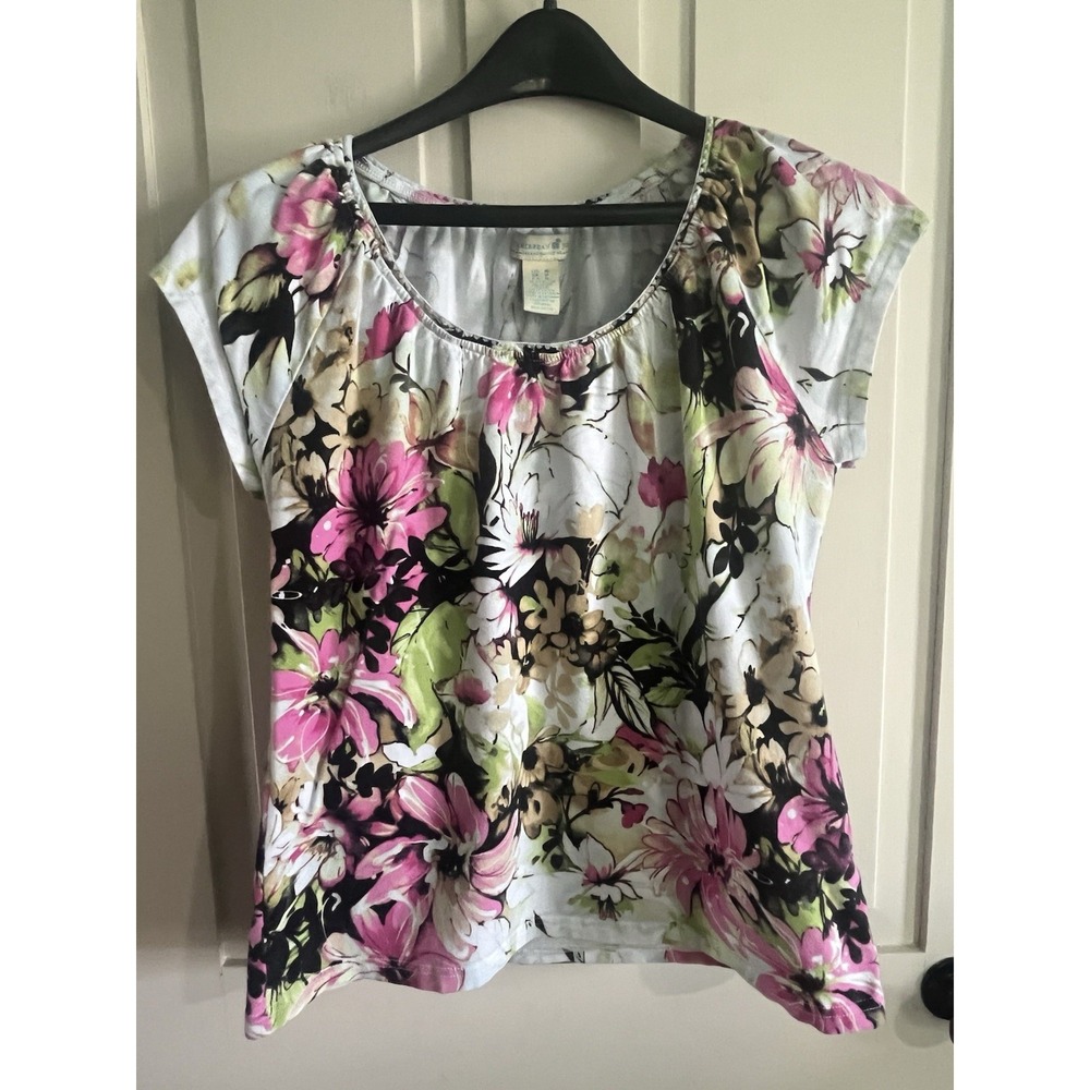 Caribbean Joe Shirt Women Medium Multicolor Floral Round Neck Casual Top
